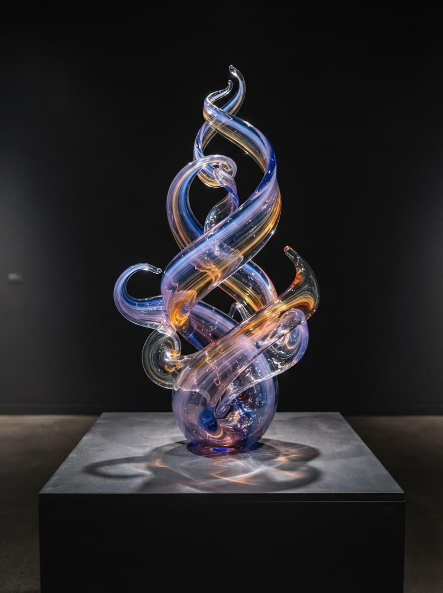 Twisting ribbons of amber and violet glass on a gallery plinth, generated