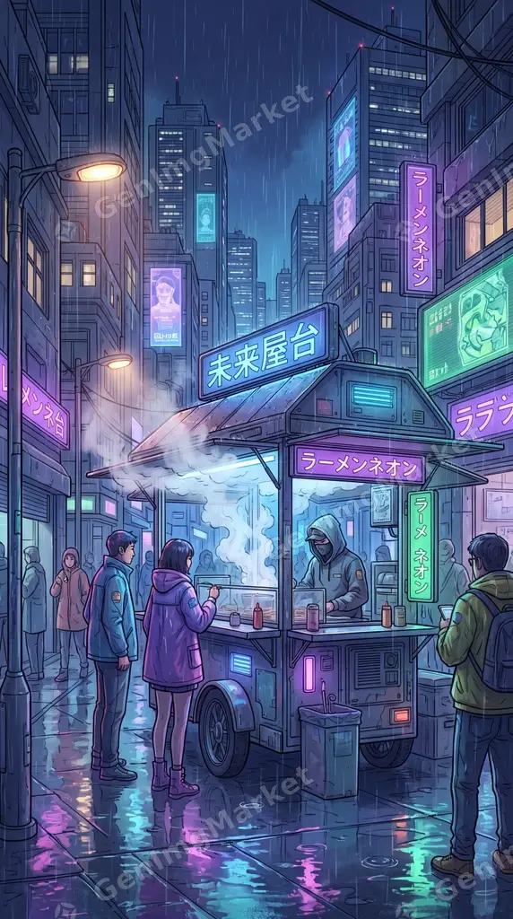 Anime street food alley under neon rain, steam and reflections.