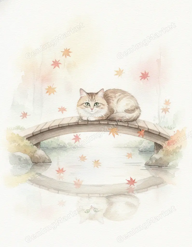Soft watercolor of a tabby cat on a Japanese garden bridge.
