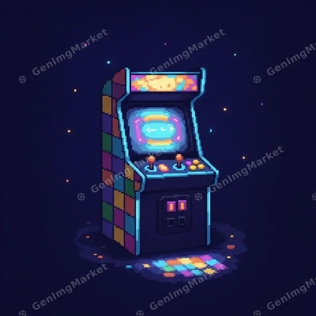 Pixel art sprite scene with a glowing arcade cabinet.