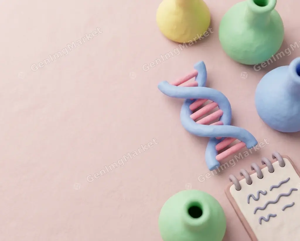 Soft clay render of a science flat lay: helix, flasks, notes.